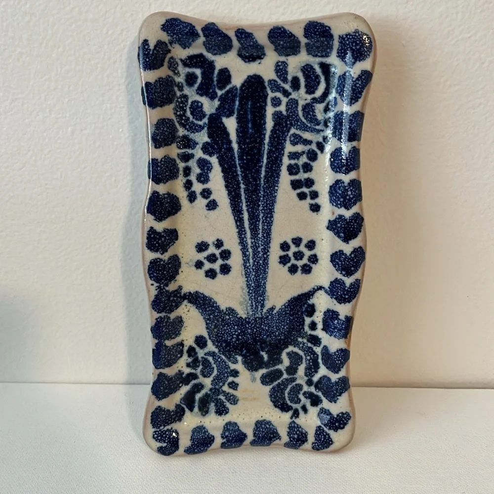 Blue White Mexican Pottery Tray Trinket Dish Handmade Stoneware - Picture 7 of 7
